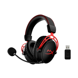 HyperX Cloud Alpha Wireless gaming headset displaying detachable noise cancelling microphone and USB Wireless Adapter