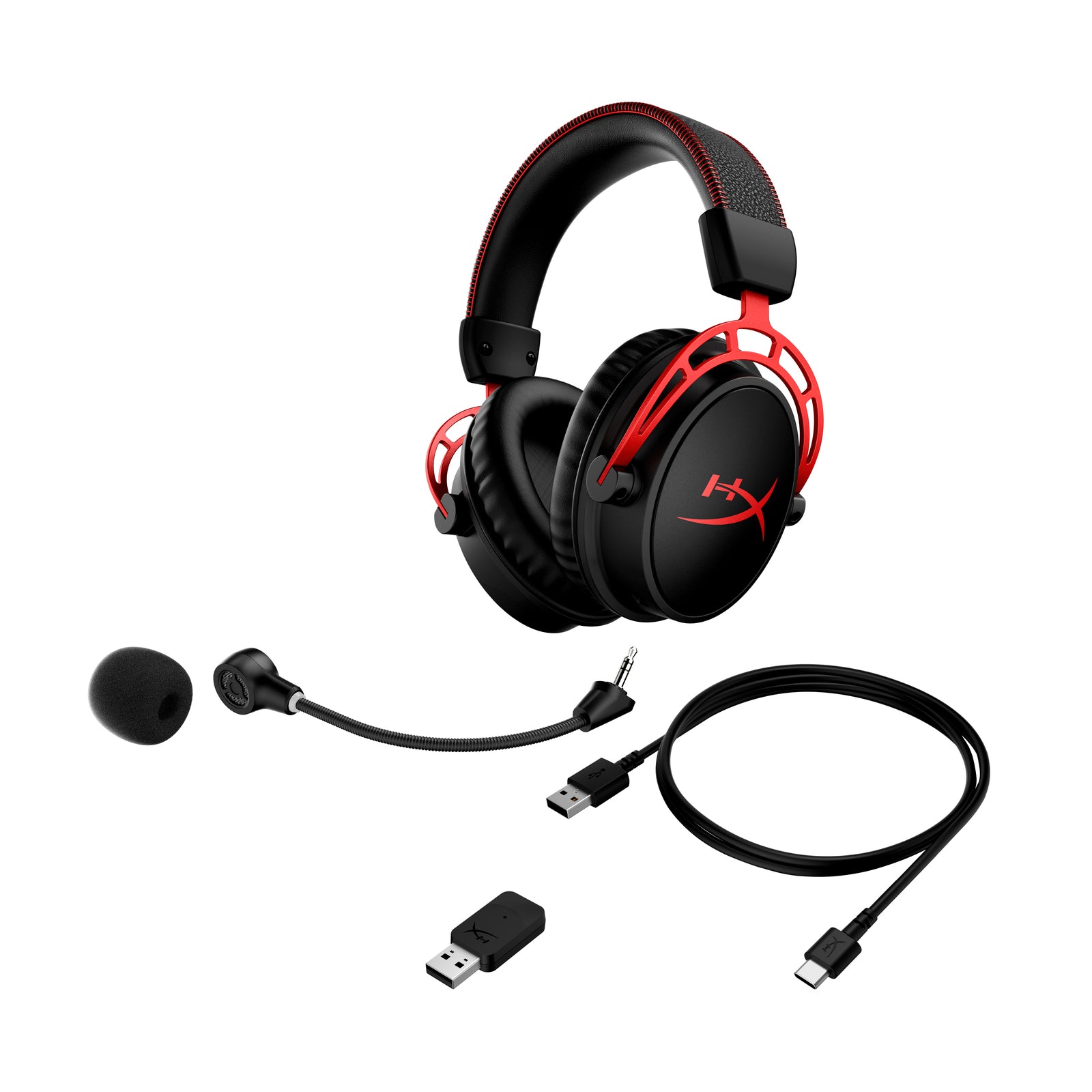 HyperX Cloud Alpha wireless gaming headset displaying front left hand side detatched microphone, USB cable and USB wireless adapter