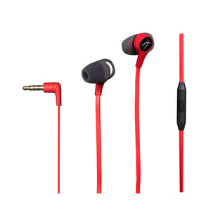 Black and Red HyperX Cloud Earbuds Main Product Image Featuring Cable 
