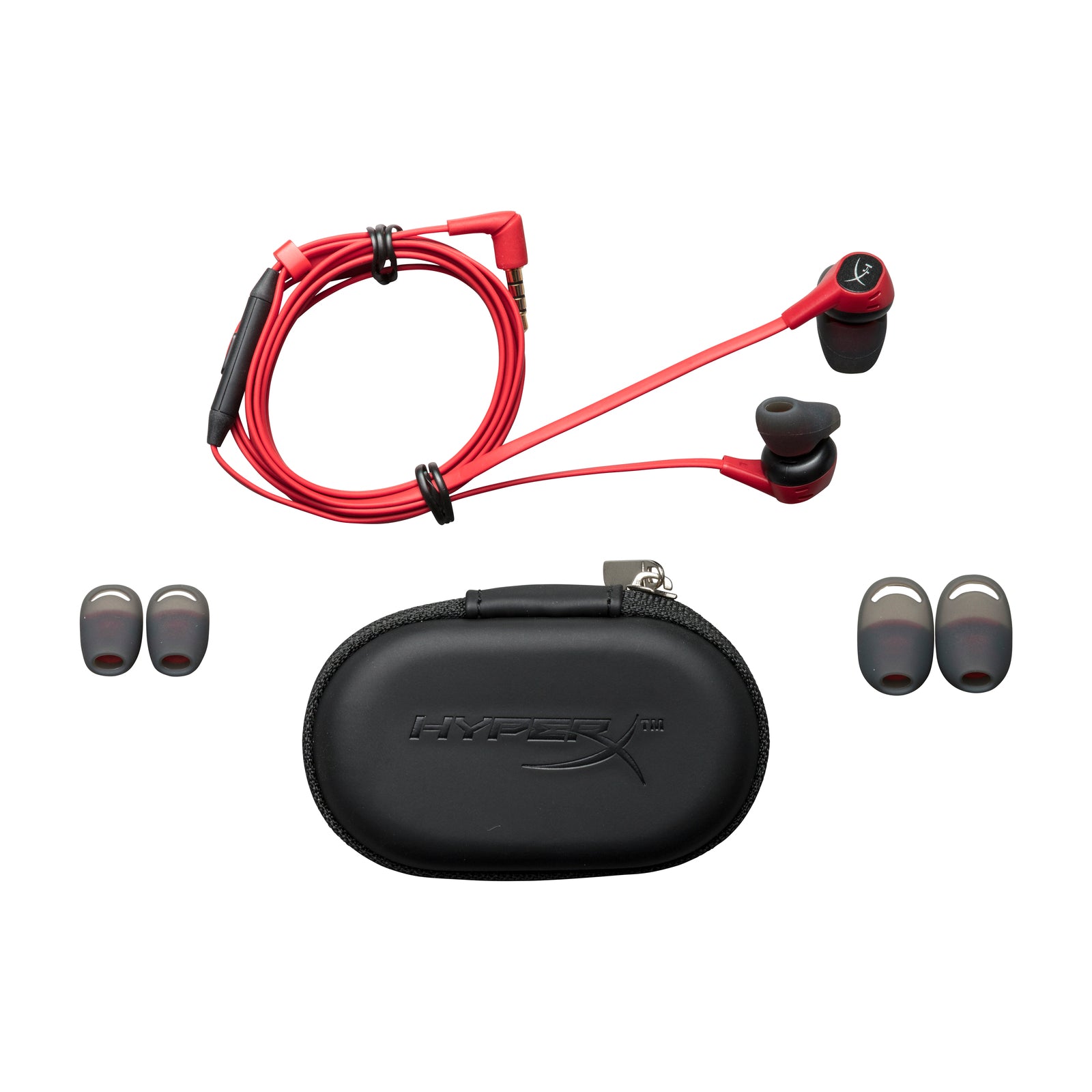 Black and Red HyperX Cloud Earbuds Main Product Image Detailing Box Contents Including Case and Earbuds