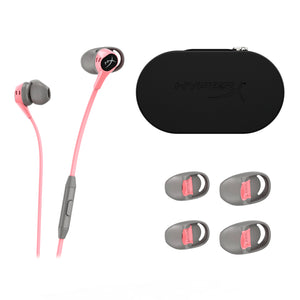Pink and Grey HyperX Cloud Earbuds Product Image Detailing Box Contents Including Case and Earbuds