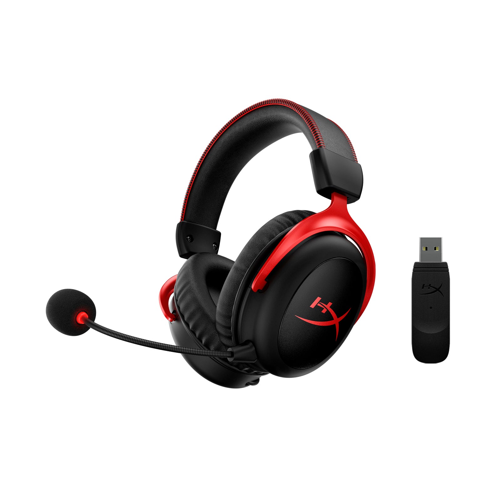 HyperX Cloud II wireless gaming headset displaying detachable noise cancelling microphone and USB Wireless Adapter