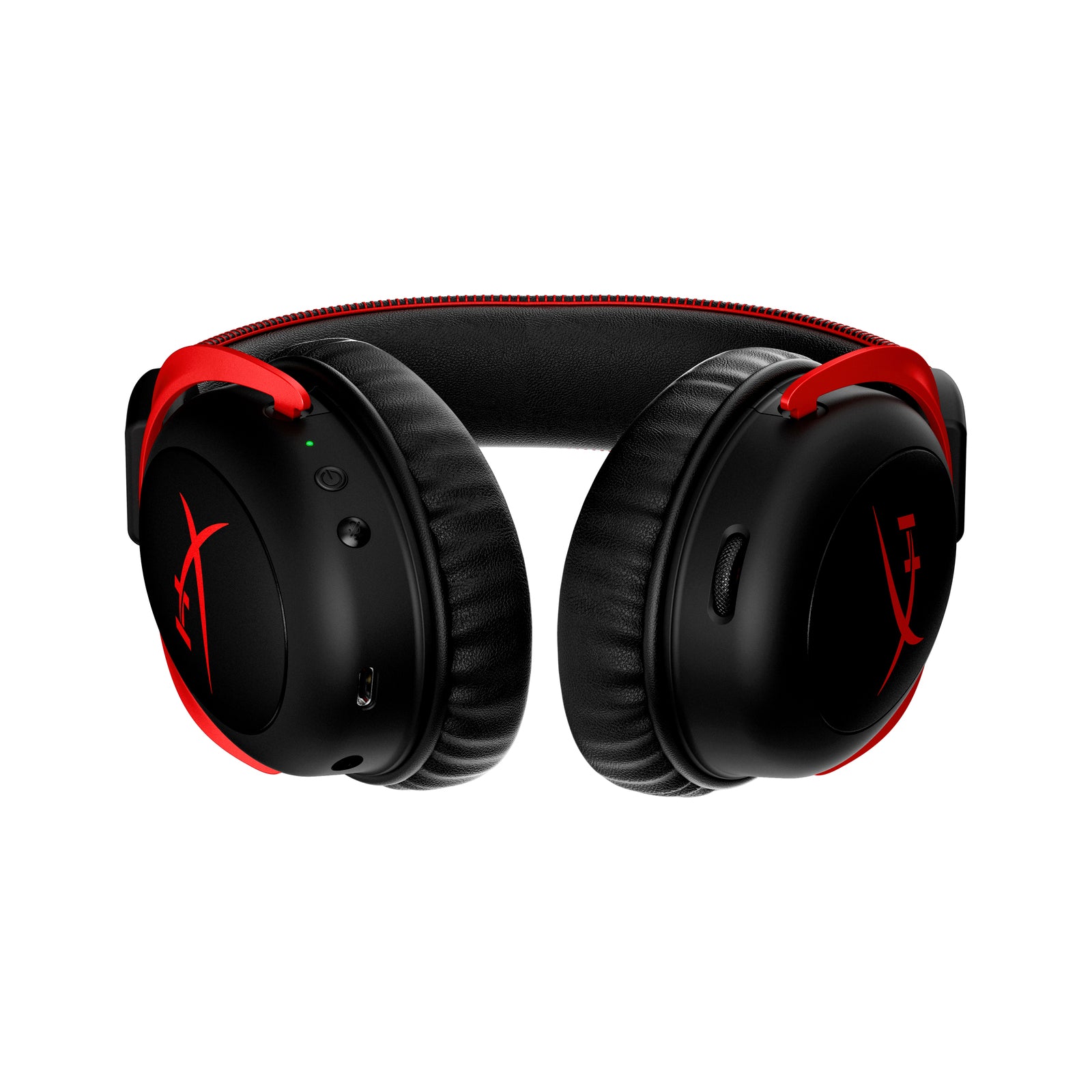 A view of the audio controls for power, volume, mic mute and mic monitoring on the base of the HyperX Cloud II wireless gaming headset
