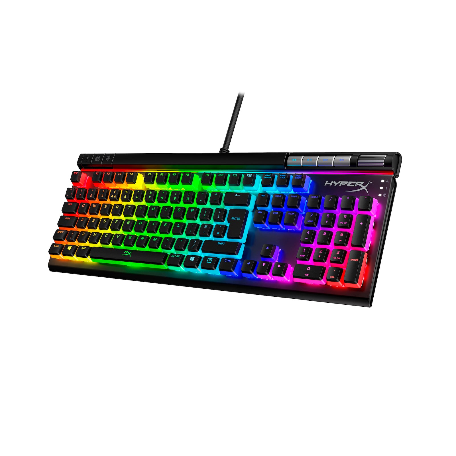 HyperX Pudding Keycaps ABS angled view on keyboard with RGB lighting
