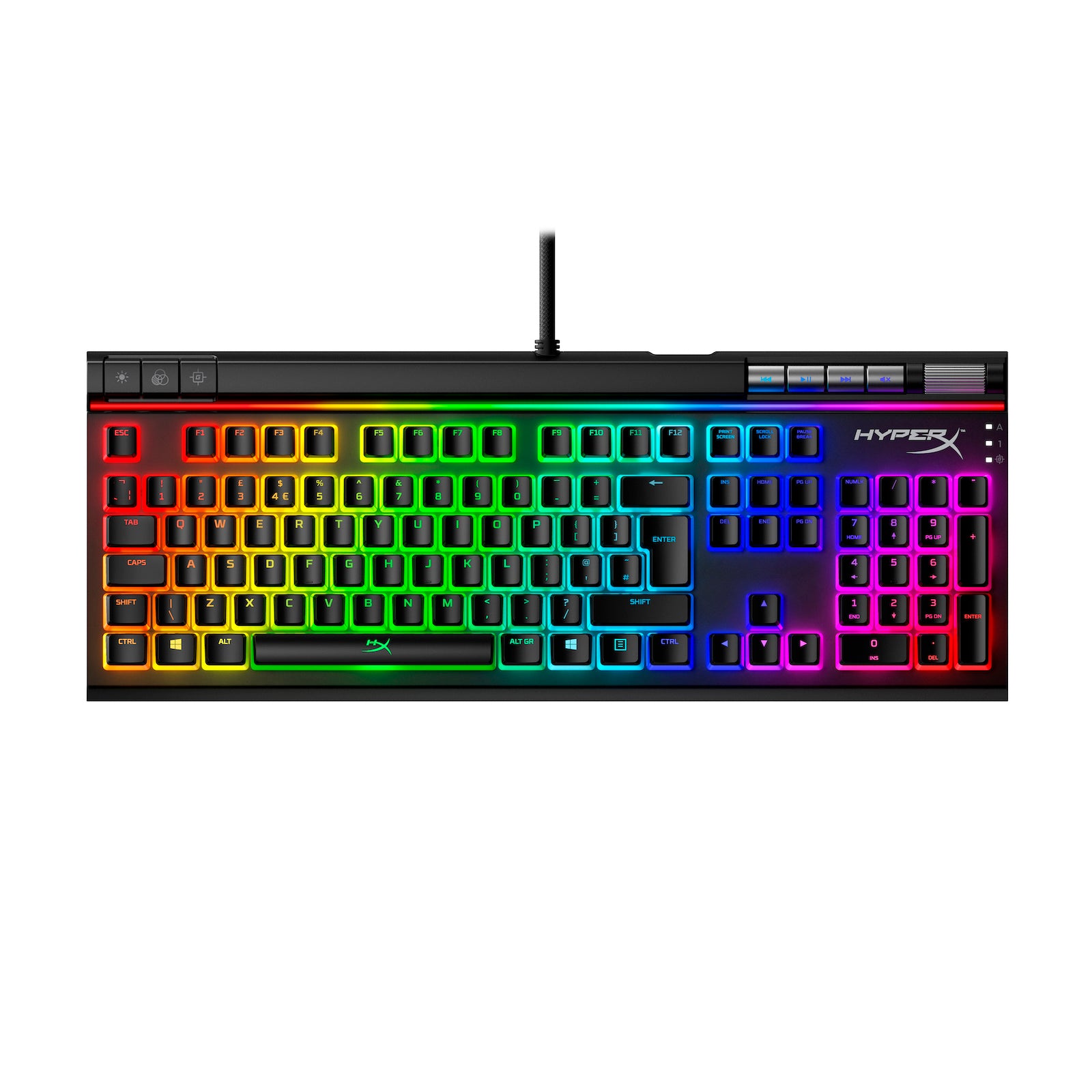 HyperX Pudding Keycaps ABS top down view on keyboard with RGB lighting
