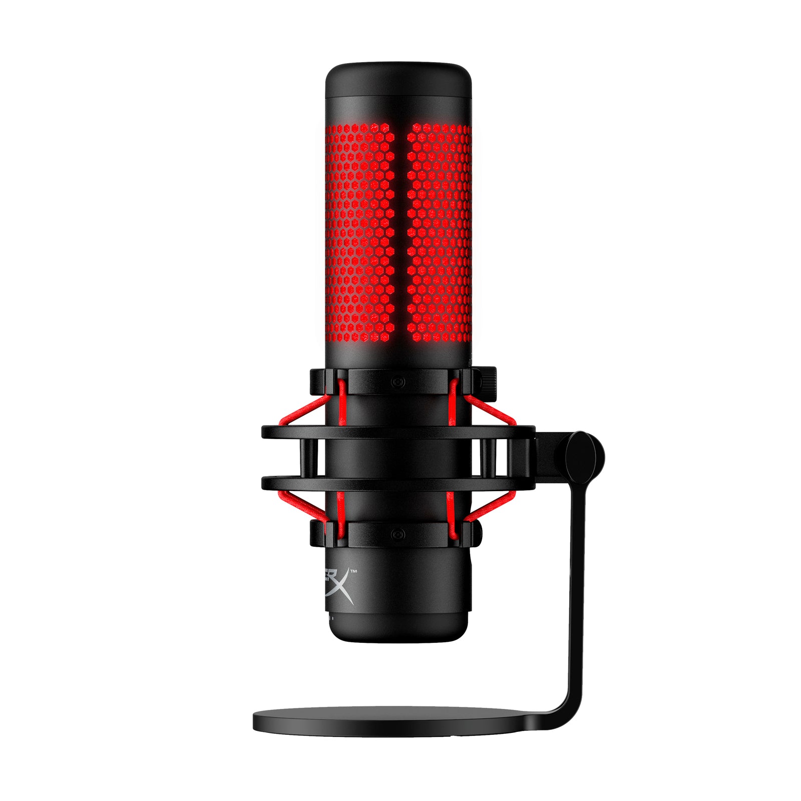 Side View of HyperX Quadcast USB Microphone with red lighting