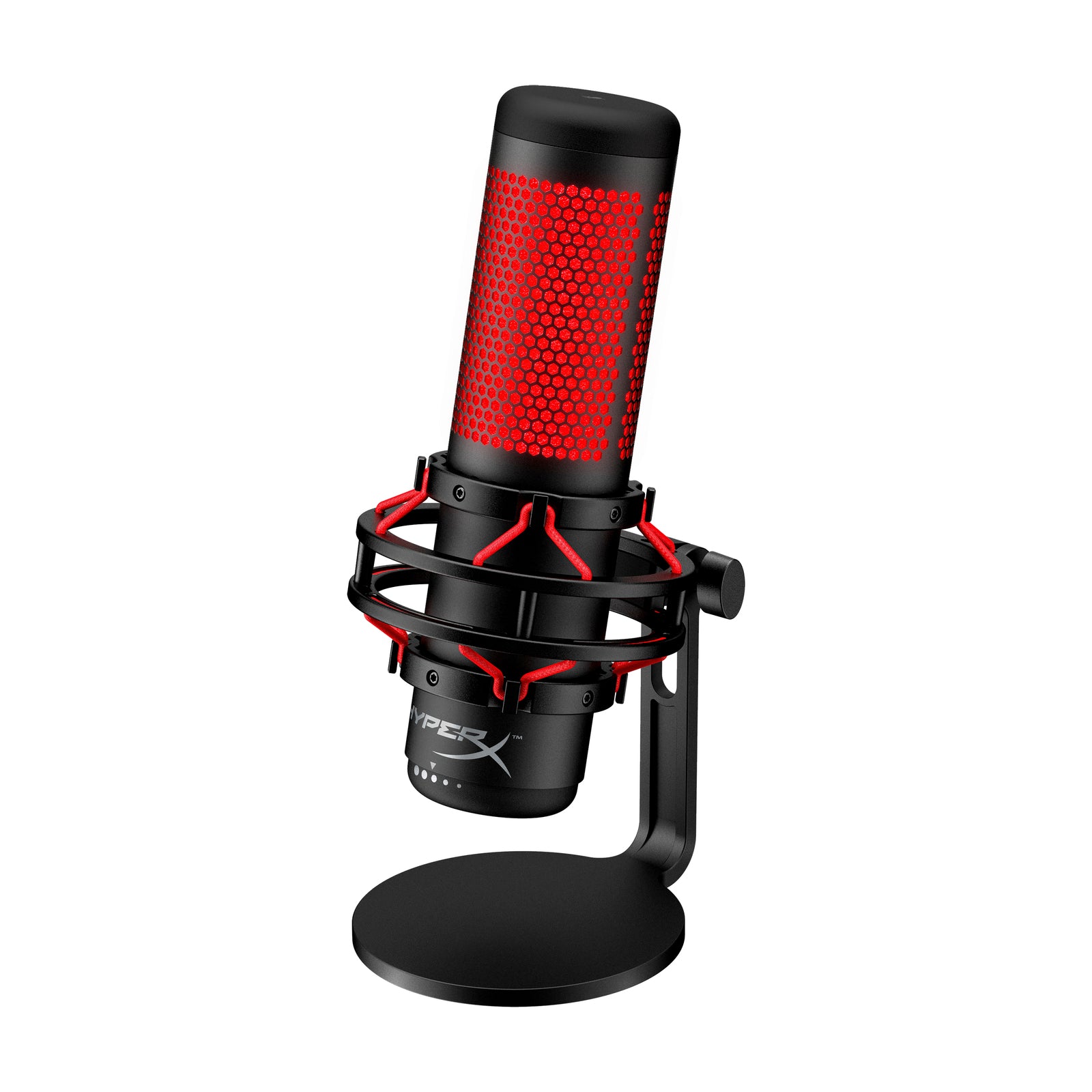 angled side View of HyperX Quadcast USB Microphone with red lighting