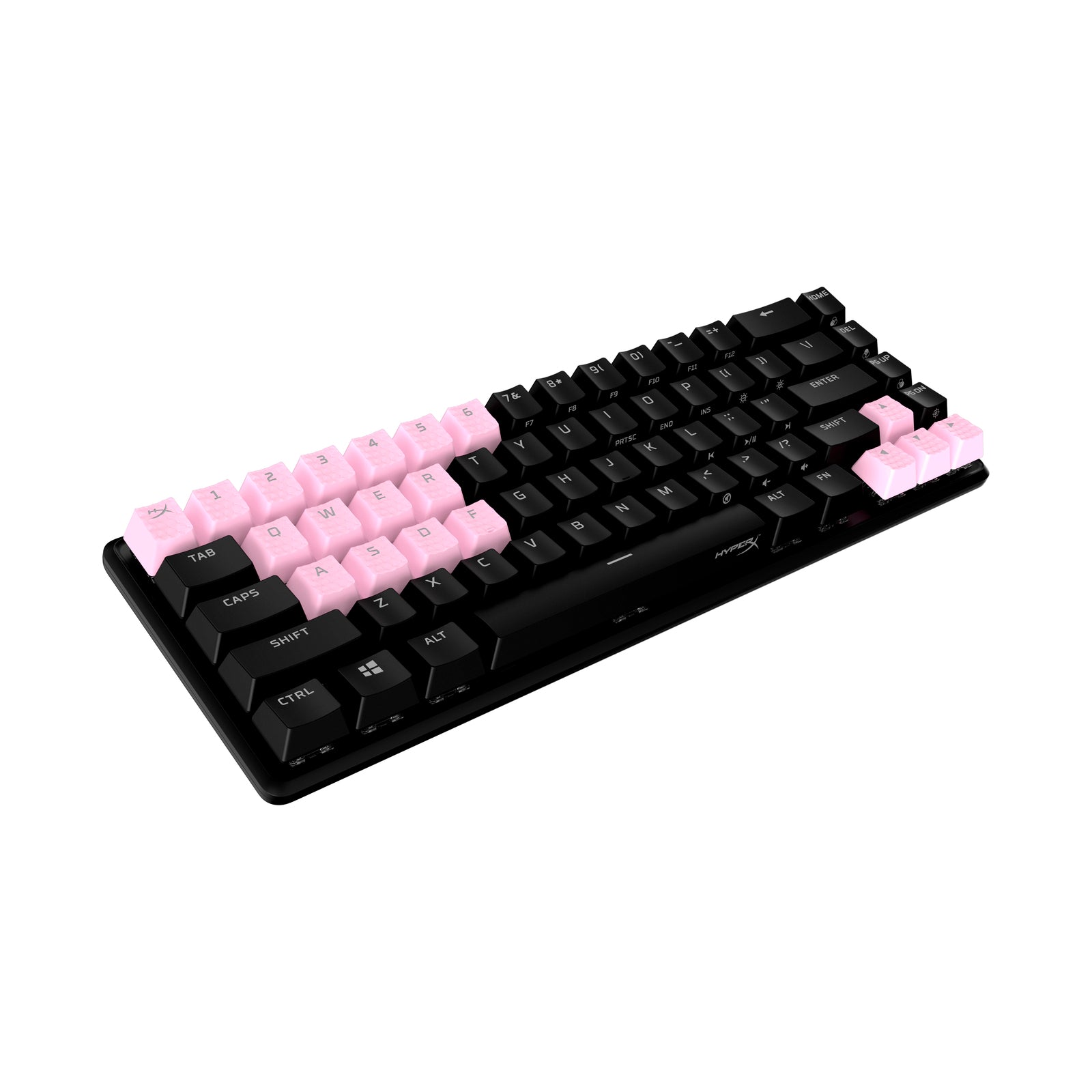 Front angled view of HyperX rubber keycaps in pink on an unlit keyboard