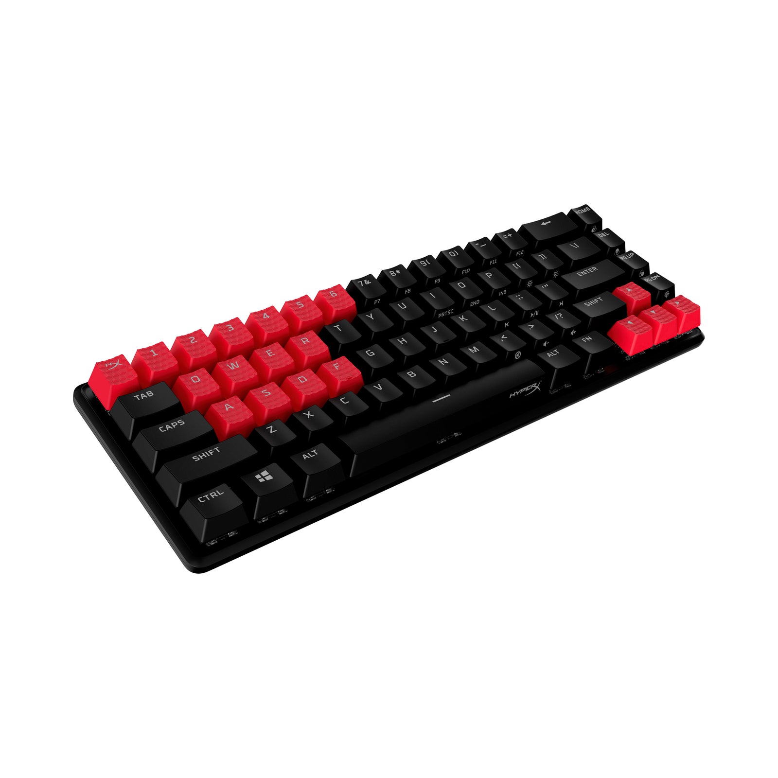 Front angled view of HyperX rubber keycaps in red on an unlit keyboard